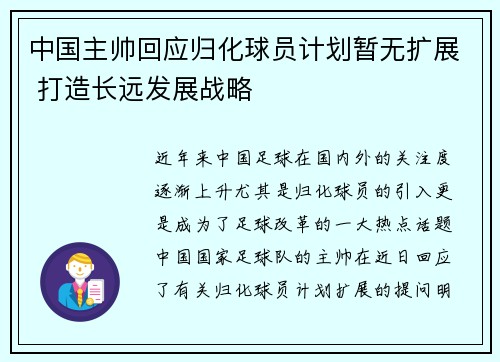 中国主帅回应归化球员计划暂无扩展 打造长远发展战略