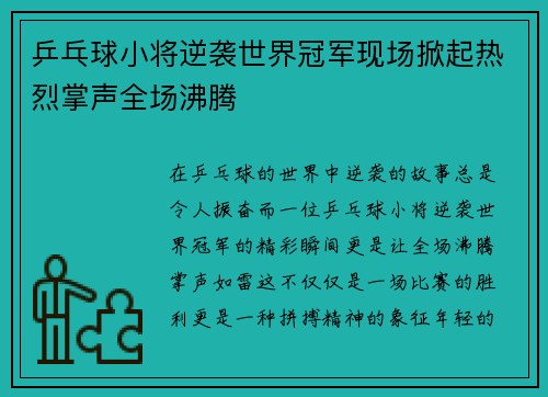 乒乓球小将逆袭世界冠军现场掀起热烈掌声全场沸腾