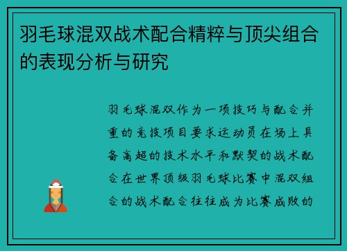 羽毛球混双战术配合精粹与顶尖组合的表现分析与研究